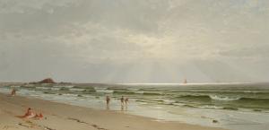 Oil on canvas painting by Alfred Thompson Bricher (American, 1837-1908), titled Morning at Narragansett – The Turn of the Tide (1871), signed and dated, 20 ½ inches by 41 inches (est. $150,000-$200,000).