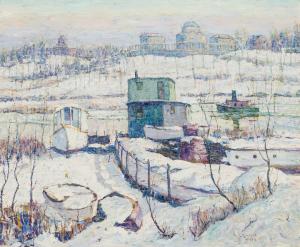 Oil on canvas painting by Ernest Lawson (Canadian/American, 1873-1939), titled Boat House, Winter, Harlem River (1918), signed and dated, 25 inches by 30 inches (est. $100,000-$150,000).