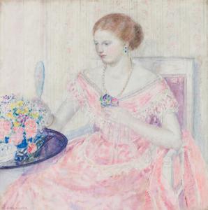 Oil on canvas painting by Frederick Carl Frieseke (American, 1874-1939), titled The Rose Gown (1915), signed, 32 inches by 32 inches (est. $80,000-$120,000).