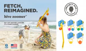 Photo shows a woman on the beach holding the Hive Zoomer dog toy launcher, getting ready to throw the compatible Looped Ball to an Australian Shepherd for a game of fetch. Images on the right are five product offerings in their package (how retailers merc