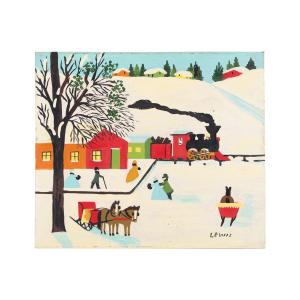 Oil on beaverboard painting by acclaimed Nova Scotia artist Maud Lewis (1901-1970), titled Train Station in Winter (circa 1960-1961), artist signed (CA$31,860).