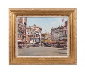 Mid-20th century oil on canvas street scene by Edward Brian Seago (U.K., 1910-1974), titled Piccadilly Circus, signed lower left, 20 ¼ inches by 26 ¼ inches (canvas) ($72,600).