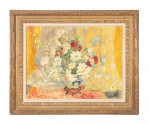 Circa 1972 oil on silk laid to Masonite board still-life by Le Pho (Vietnamese / French, 1907-2001), titled Les Dahlias Blancs (The White Dahlias), artist signed lower right ($60,500).