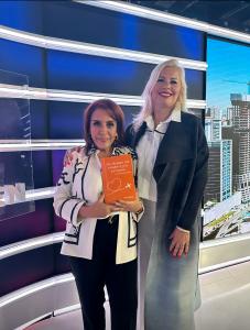 Hazel Ortega during a radio interview with Fernanda Familiar, one of the most powerful voices and influencers in Spanish-speaking radio. They discussed Hazel’s inspiring testimony and her book From Bounce Checks to Private Jets at Grupo Imagen.