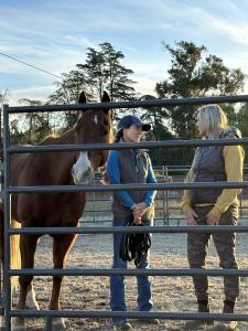 Alison Hunter, LMFT, and a client stand next to a horse during an equine therapy session at Soul Strides Journey, using the horse's presence to aid emotional healing and reflection.