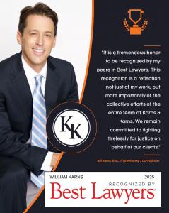 Bill Karns, co-founder of Karns & Karns Personal Injury and Accident Attorneys, was honored as one of the Best Lawyers, known for his relentless pursuit of justice and commitment to clients