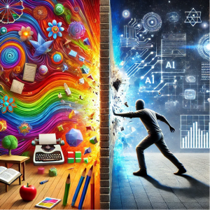 A split image contrasting vibrant, creative elements like flowers, books, and art supplies on one side with a digital, tech-inspired background featuring AI graphics and data visuals on the other