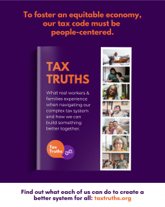 Graphic of Tax Truths Report cover featuring pictures of low-to-moderate income workers and families