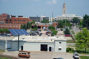 The solar panel array pictured here is a source of electricity for Lincoln, Nebraska's community microgrid and its new battery energy storage system.