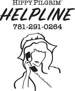 The Hippy Pilgrim Helpline Logo features an outline of a colonial, New England woman holding a telephone. The number of the helpline is listed below.