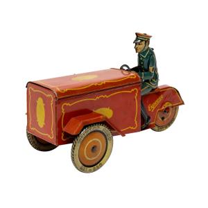 German 1930s lithographed tin delivery cart by Saalheimer & Strauss, in very good condition, marked “Made in Germany” on the body, “Dunlop Cord” on the wheels (est. CA$2,000-$2,500).