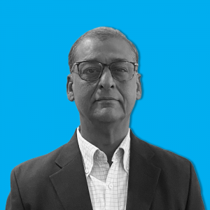 Vijay Dahima, Vice President, South Asia, Fathom black and white profile pic, with a drop shadow and blue background