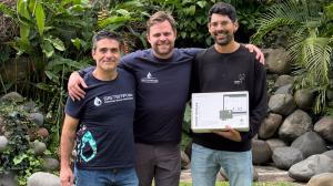 Camilo Pagés, Alex Eaton, and Vijay Bhopal pose together for a photo, marking the acquisition of Inclusive Energy by Sistema.bio.