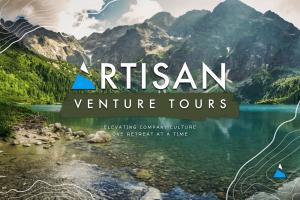 Artisan Venture Tours logo with mountain background