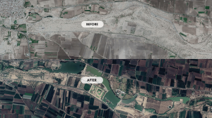 Before-and-after comparison of the Gagadiya River restoration, showcasing its revitalization under the Dholakia Foundation's water conservation initiatives.