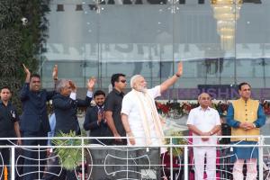 PM Modi waved to supporters at the 2017 inauguration of Hari Krishna Exports’ HK Hub.