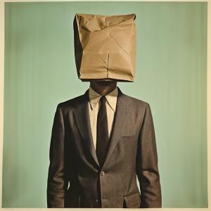 a man with a paper bag that covers his head