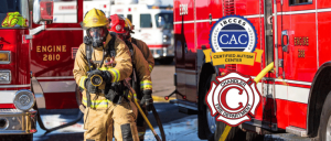 Firefighters in action alongside fire trucks, with IBCCES Certified Autism Center™ and Chandler Fire Department logos displayed.