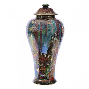 Covered vase marked Wedgwood Fairyland Lustre (#Z4968, on vase #2046), lot #80 in the catalog, has a Temple on a Rock pattern and boasts exceptional quality and condition (est. $15,000-$20,000).