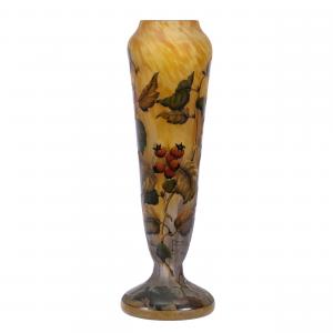 Early 1900s signed Daum Nancy French cameo and enamel art glass vase, 15 ¼ inches tall, having a yellow and white mottled ground with colorful enamel branch and berry décor (est. $2,000-$3,500).