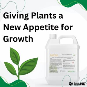 Image with a 10L jug of Bioline Gold some leaves in the corners and the tagline giving plants a new appetite for growth