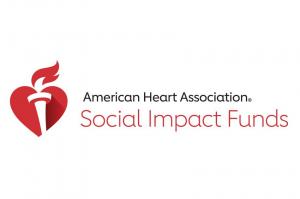 Red heart shape with torch and flame intertwined, and the words American Heart Assocation in black sans typography with larger Social Impact Funds in red typography