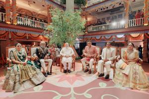 Honourable Prime minister Shri Narendrabhai Modi with Savjibhai Dholakia; Groom Dravya Dholakia; Ghanshyambhai Dholakia, Uncle of Dravya; and Bharatbhai Chaludiya, father-in-law of Dravya Dholakia.