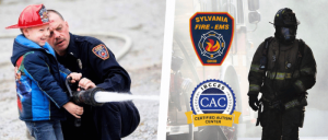 A firefighter helps a child use a fire hose; badges and a firefighter silhouette on the right.