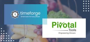 The TimeForge and Pivotal Tools logos over a background of bagged fruits and vegetables.