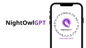 NightOwlGPT logo displayed on a smartphone screen, with a circular design featuring various scripts surrounding a purple owl icon. The tagline "Voices Shape Worlds" appears below.