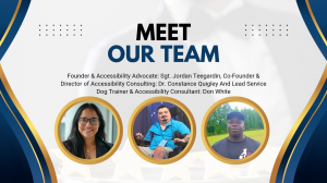 Graphic titled 'Meet Our Team,' featuring photos and titles of Handicap Help’s core team members. The team includes Sgt. Jordan Teegardin, Founder & Accessibility Advocate; Dr. Constance Quigley, Co-Founder & Director of Accessibility Consulting; and Don 