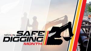 Banner for beforeUdig Safe Digging Month 2024 featuring silhouettes of construction workers, heavy machinery, and the campaign slogan to promote safe excavation.