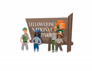 an illustration from The Super Volcano, showing the entrance sign to Yellowstone National Park, along with park rangers