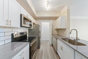 Alexi at Willowbend Apartments interior kitchen with stainless steel appliances, sink, microwave and refrigerator with counter space.