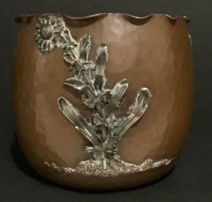 Circa 1850-1890 Gorham sterling silver and copper Japanese mixed metals Y50 jardiniere vase with applied 3-D floral design, with the original patina, marked on the bottom (est. $750-$950).