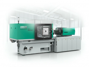 An image of an injection molding machines used in manufacturing processes, showcasing the components and setup.