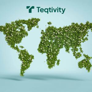 Teqtivity sustainable IT asset management global impact visualization - world map made of green leaves and white flowers on light blue background with Teqtivity logo, representing environmental technology solutions and green IT initiatives