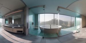 Panoramic view of a modern bathroom interior featuring marble finishes, large shower, and stylish fixtures for a luxurious feel.