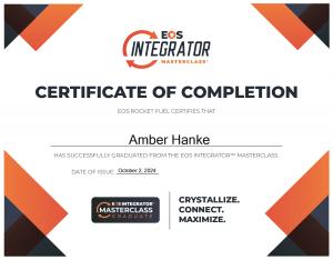 Amber Hanke's Graduation Certificate to the EOS Integrator Masterclass