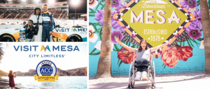 A collage featuring Mesa, Arizona, highlights its "Autism Certified City" designation, with images of a racing event, a person in a wheelchair smiling in front of a colorful mural, and the Visit Mesa logo against a scenic landscape.