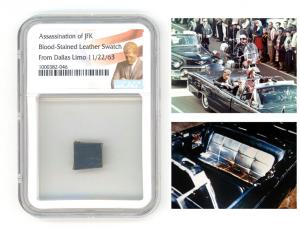 Lot #159 is a CAG-encapsulated swatch of blood-stained blue leather upholstery removed from JFK's presidential limousine after his 1963 assassination (est. $3,000-$3,500).