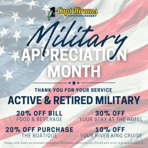 Join us at Capt. Hiram's as we honor our troops during Military Appreciation Month! Throughout November, active and retired military personnel can enjoy exclusive discounts: 20% off food and beverages, 20% off Boatique purchases, 30% off hotel stays, and