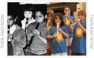 Students playing recorder, side by side pitures from 1973 and 2023