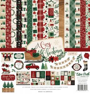 A festive 12x12 paper collection featuring classic Christmas patterns, including plaid, snowflakes, holly, ornaments, and joyful holiday icons in warm, cozy colors perfect for seasonal crafting.