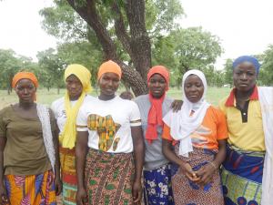 A group of female farmers from the Wuntira Agri Foundation standing together in a field in Northern Ghana, smiling and holding farming tools, 2024