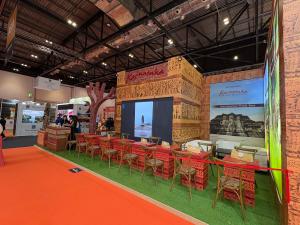 Karnataka Tourism Pavilion at WTM London 2024, elegantly designed to showcase the state's rich heritage and vibrant culture.