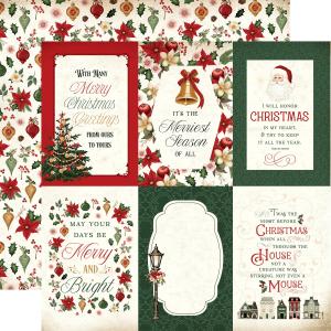 Vintage Christmas 4x6 journaling cards on 12x12 patterned cardstock by Carta Bella, featuring nostalgic holiday designs for scrapbooking and crafting.