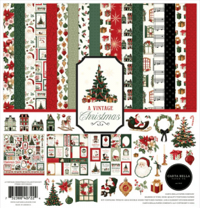 A vintage Christmas 12x12 collection kit by Carta Bella, featuring premium holiday designs for festive projects.