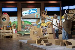 The ChompShop team on Shark Tank in cardboard costumes