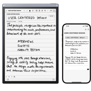 The iFLYTEK AINOTE Air 2 paper tablet with handwritten notes displayed on the screen. A smartphone next to it shows the same notes synced via the cloud.